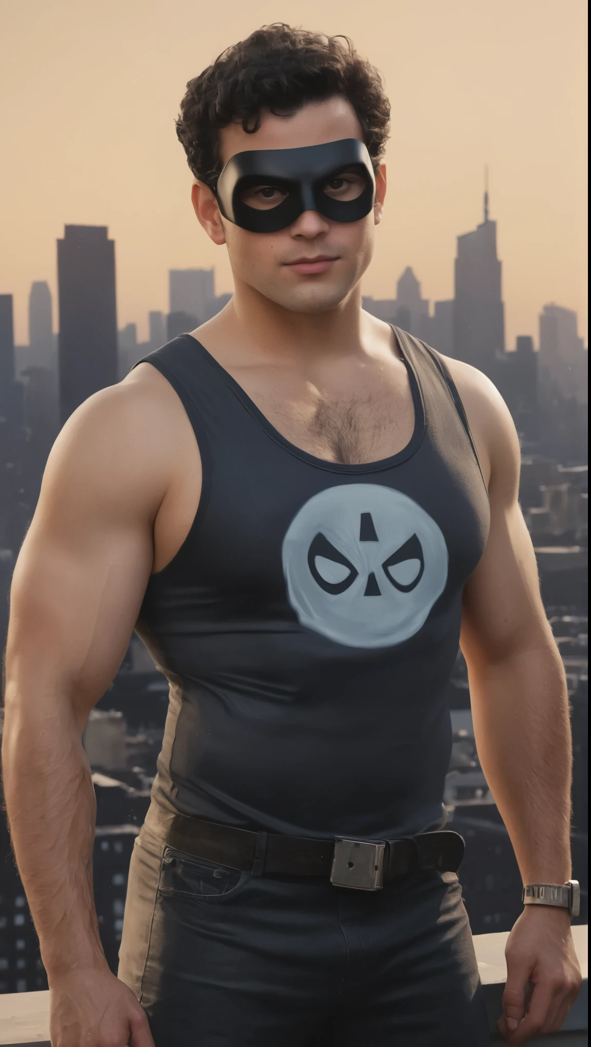 An illustrated movie poster, hand-drawn, full color, a supervillain, 28 years-old, wearing a buckle-up singlet and a domino mask, stocky, soft doughy physique, deep brown eyes, wide bulbous nose, full lips, black hair, curly hair, thick bushy eyebrows, extremely hairy chest, stomach, and arms, lots of body hair, posing on a neon-lit rooftop, hard shadows, graphite shading, stencil markings, airbrushed acrylic paint, masterpiece