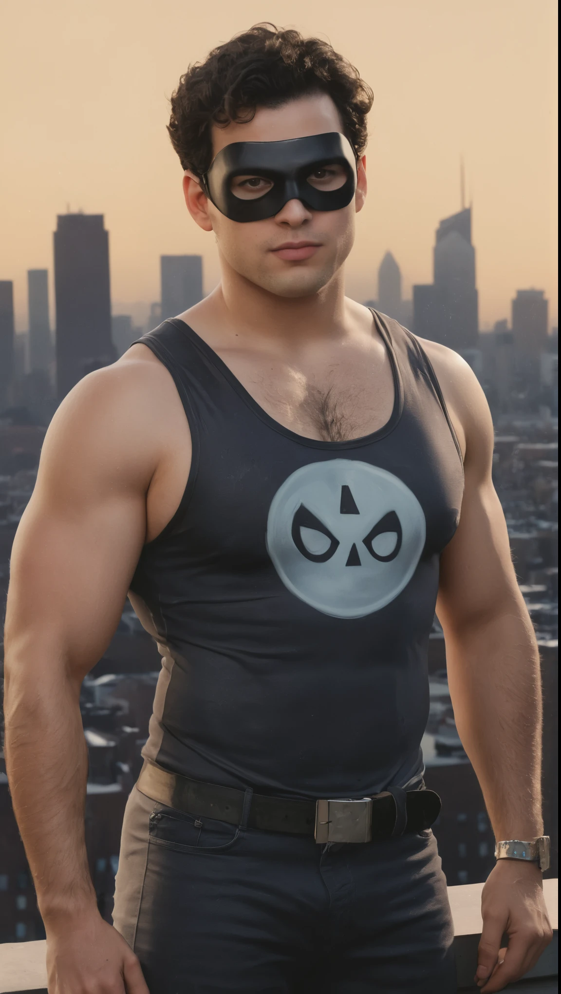 An illustrated movie poster, hand-drawn, full color, a supervillain, 28 years-old, wearing a buckle-up singlet and a domino mask, stocky, soft doughy physique, deep brown eyes, wide bulbous nose, full lips, black hair, curly hair, thick bushy eyebrows, extremely hairy chest, stomach, and arms, lots of body hair, posing on a neon-lit rooftop, hard shadows, graphite shading, stencil markings, airbrushed acrylic paint, masterpiece