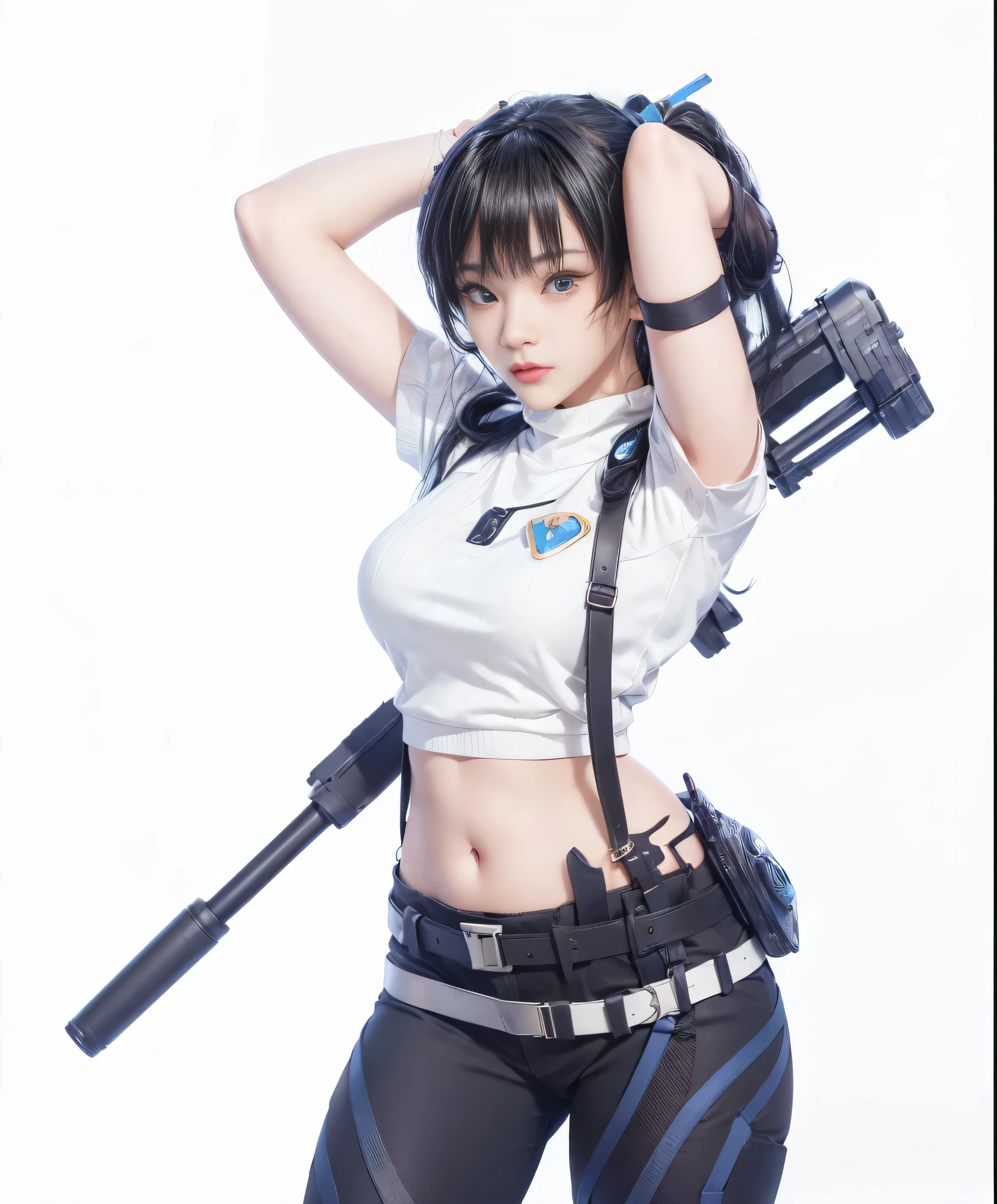 anime - style woman in white shirt and black pants holding a gun, inspired by Leng Mei, render of a cute 3d anime girl, trending on cgstation, photorealistic anime girl render, anime styled 3d, echo from overwatch, as overwatch character, render of april, range murata and artgerm, android heroine, mechanized soldier girl