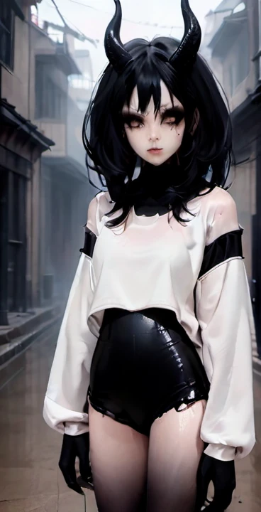 (Mejor calidad,high resolution,obra maestra, vista de cuerpo completo:1.2),ultra detallado,mujer demonio con cuernos,vestida con sudadera con capucha negra y bragas blancas,enfermizo,standing in a horror sci-fi environment,horror sci-fi aesthetic,gloomy ecstasy,fetiche,dark and gloomy atmosphere,textura arenosa,ambiente retro,realidad deformada,melancholic expression on his face,aura misteriosa,foggy atmosphere,fondo brumoso,Paleta de colores sutil,pose provocativa,Emociones fuertes,Coming out of the depths of despair,mirada penetrante,sombras intensas,Sumergido en la oscuridad,dark industrial aesthetic,ambiente siniestro,Un sentimiento sobrenatural,Loss of place in time and space,Silencio inquietante.asymmetrical bangs, pecas, pelo corto blanco, Golpes, pecas, ojos grises,