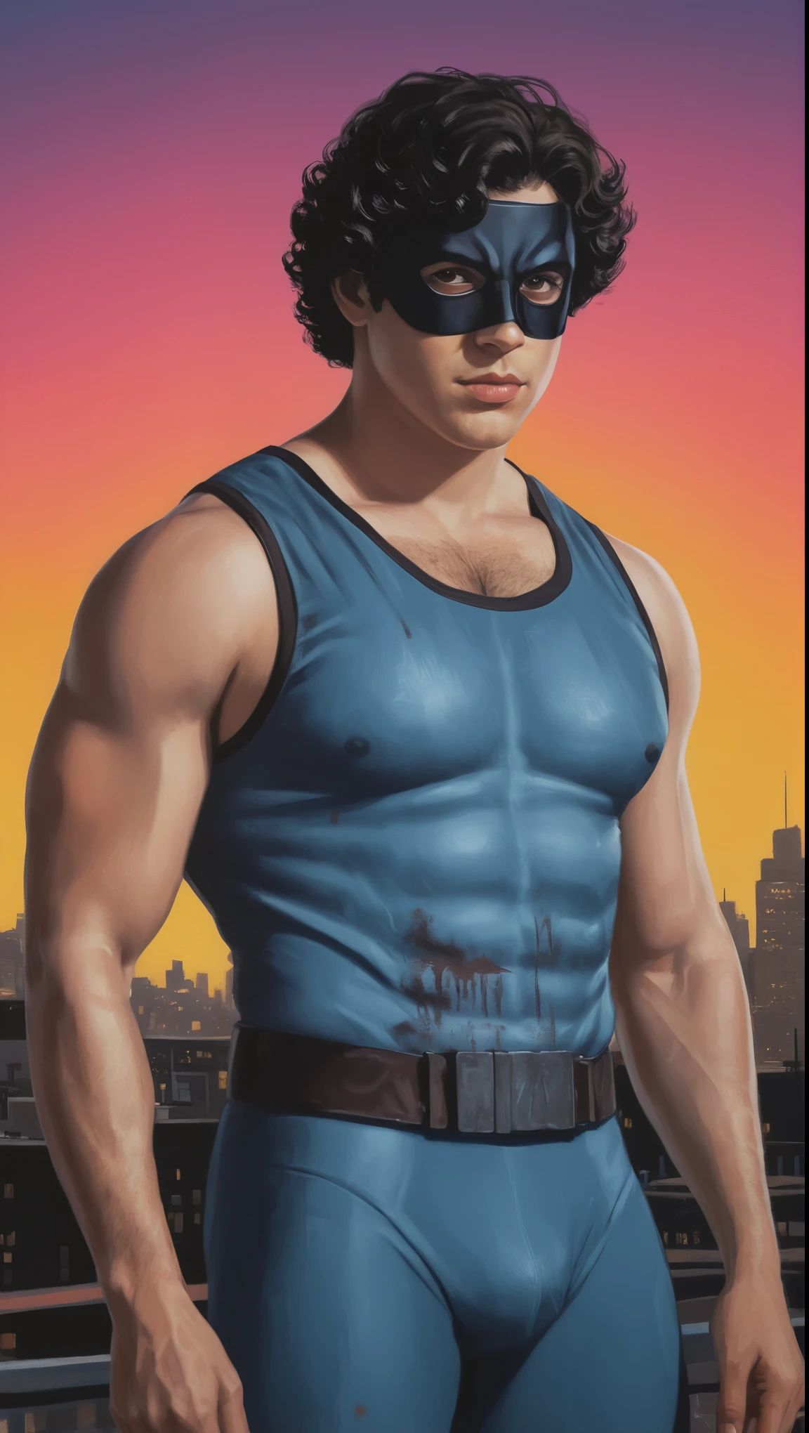 An illustrated movie poster, hand-drawn, full color, a supervillain, 28 years-old, wearing a buckle-up singlet and a domino mask, stocky, soft doughy physique, deep brown eyes, wide bulbous nose, full lips, black hair, curly hair, thick bushy eyebrows, extremely hairy chest, stomach, and arms, lots of body hair, posing on a neon-lit rooftop, hard shadows, graphite shading, stencil markings, airbrushed acrylic paint, masterpiece