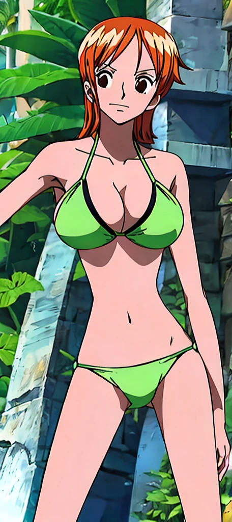 Nami, with her big breasts and beautiful legs, stands in a green bikini.。