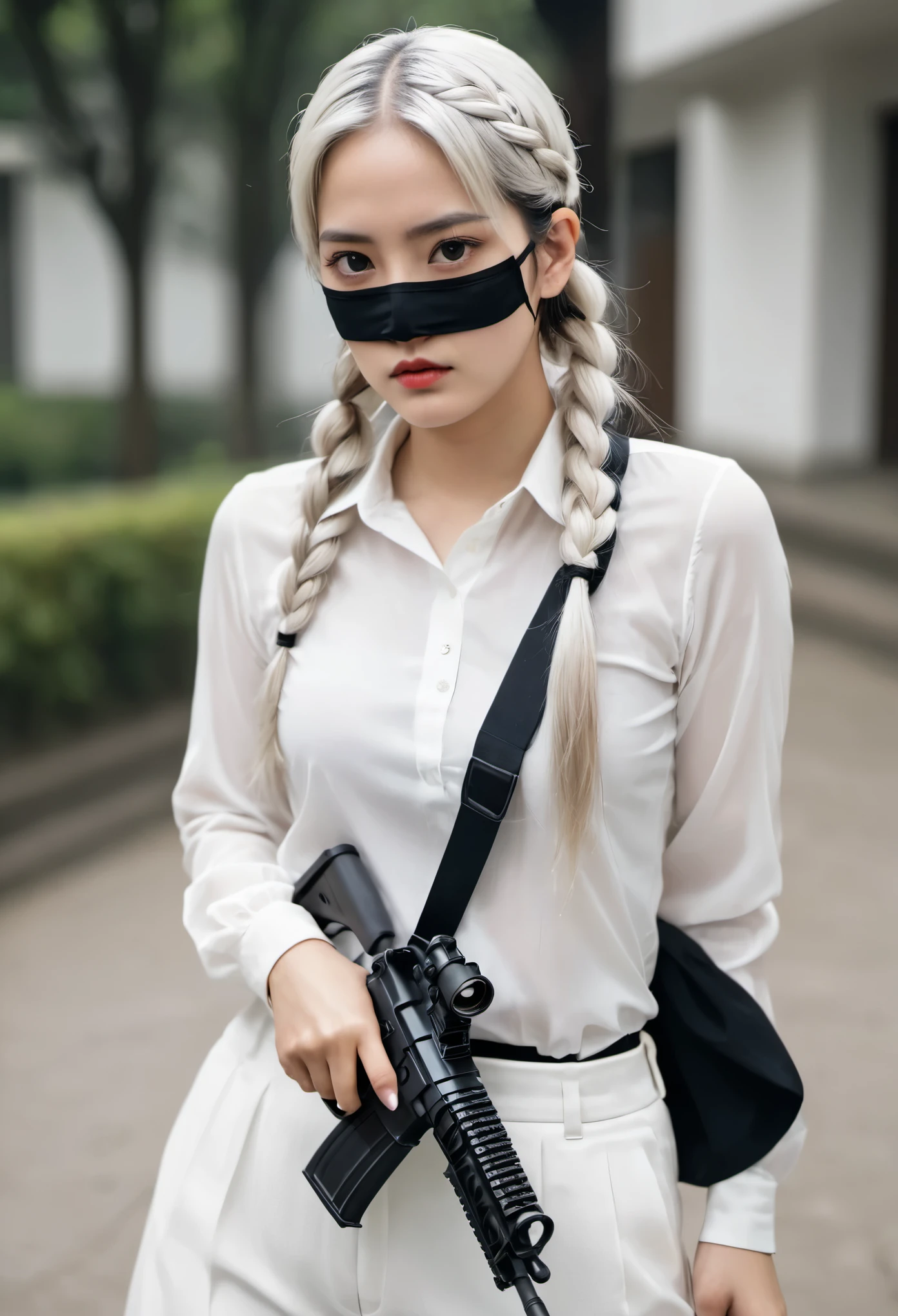 Woman with long white hair braided at the roots with a ponytail wearing a white blouse and white tights holding a revolver serious face black headband covering her eyes and black mask.
Escrito o nome zulema