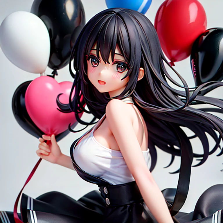 beautiful girl with black eyes and black hair with birthday balloons in her hands