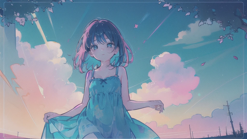 (watercolor), (low contrast), (face, 1 girl, sundress, look at viewer, cowboy shot), (starry sky, moon)