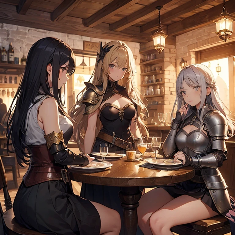 A group of  female medieval fantasy adventurers, (in tavern), various hair styles, harem, night, details face, short skirt, seducing, sleeveless, armor 