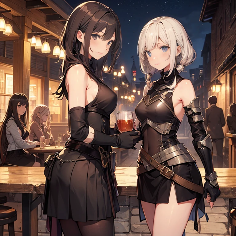 A group of female medieval fantasy adventurers, (in tavern), various hair styles, harem, night, details face, short skirt, seducing, sleeveless, armor