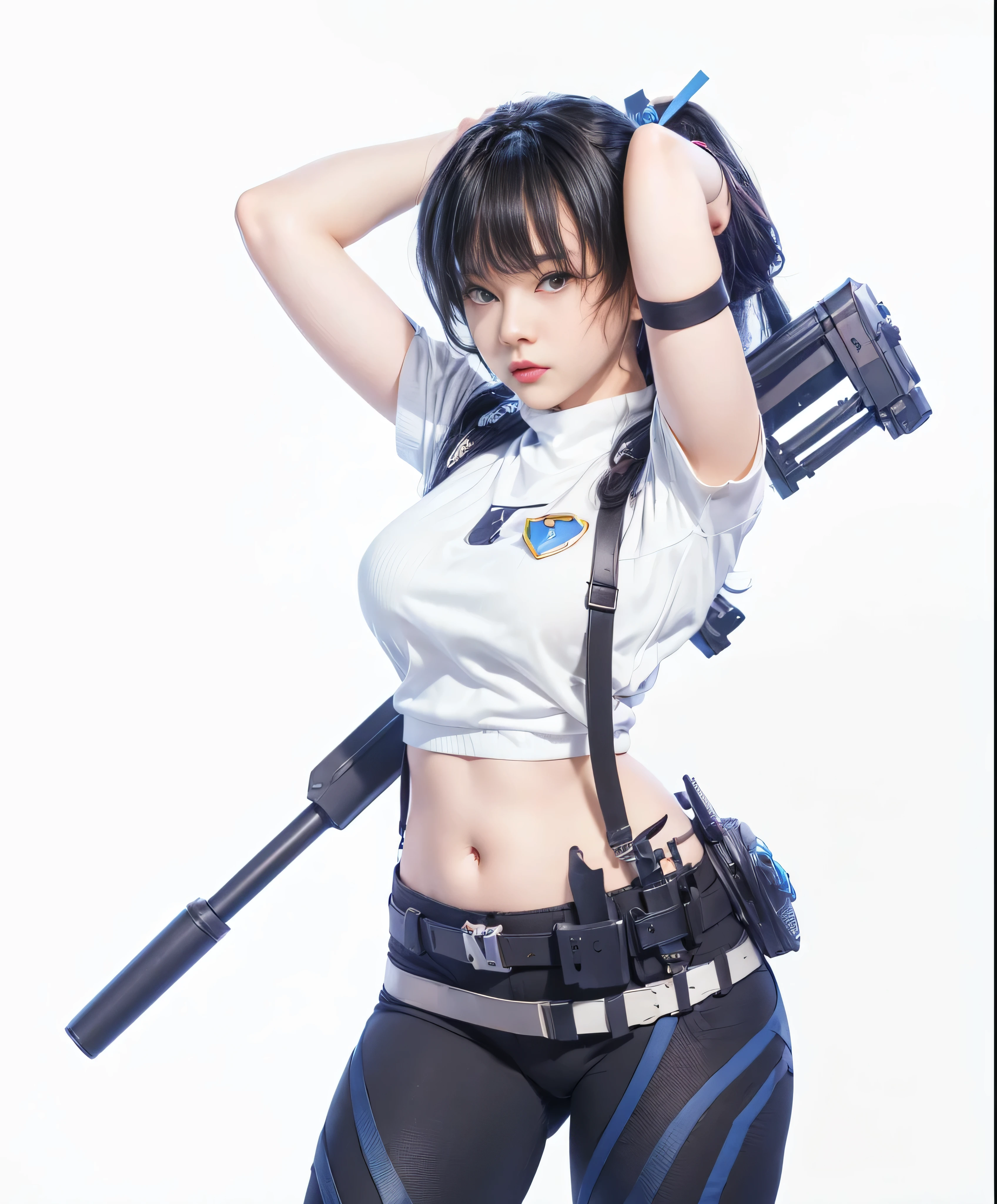 anime - style woman in white shirt and black pants holding a gun, inspired by Leng Mei, render of a cute 3d anime girl, trending on cgstation, photorealistic anime girl render, anime styled 3d, echo from overwatch, as overwatch character, render of april, range murata and artgerm, android heroine, mechanized soldier girl