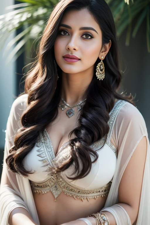 Portrait of A confident-looking indian woman with long flowing hair, hazel eyes, with flowing silk cape and white silk saree, wearing designer jewellery, c-cup breast sitting on boat, ocean background, bokeh, perfect composition, hyperrealistic, super detailed, 8k, high quality, trending art, trending on artstation, sharp focus, outdoor photo shoot, intricate details, highly detailed, art by greg rutkowski