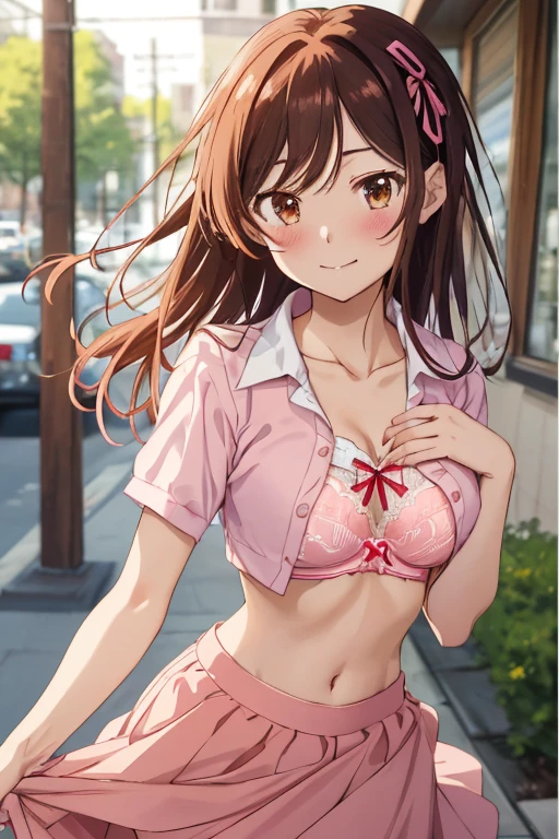 2D, masterpiece, highest quality, anime, very detailed, 1 girl, alone, cowboy shot, chizuru, pink shirt, ruffle shirt, white skirt, white collar, red ribbon, neck ribbon, clavicle, outdoor, smile、blush、(((she lifted her shirt, Showing under the bra))).(grab your chest:1.4),My chest feels tight,