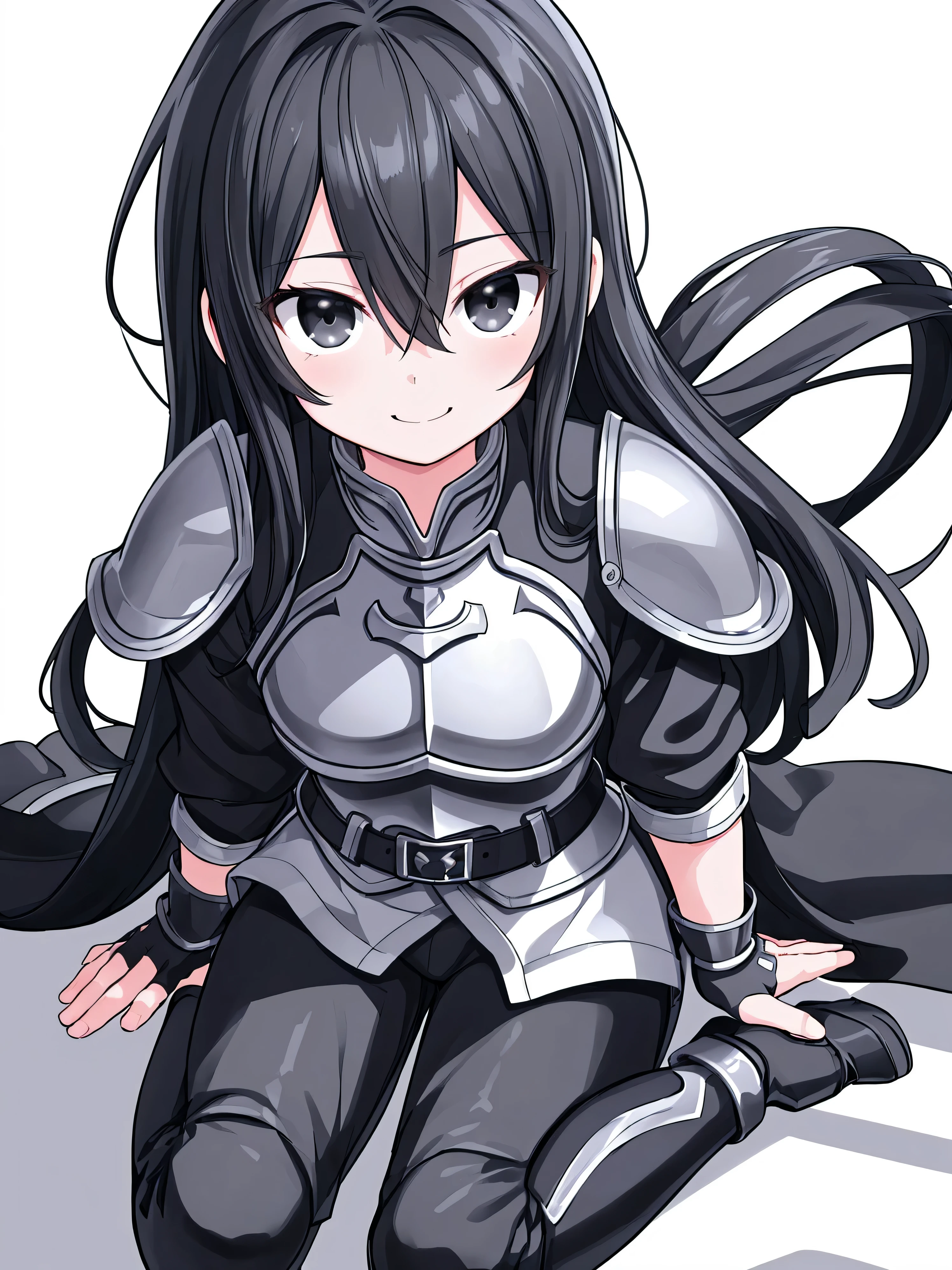 masterpiece, top quality, super detailed, CG illustration, high resolution, better lighting, best shadows, very delicate and beautiful, proper shading, hd, 8k,kirito, solo, long hair, looking at viewer, smile, black hair, gloves, 1boy, white background, hair between eyes, sitting, weapon, male focus, black gloves, pants, sword, fingerless gloves, black footwear, armor, black eyes, black pants, otoko no ko, androgynous, breastplate