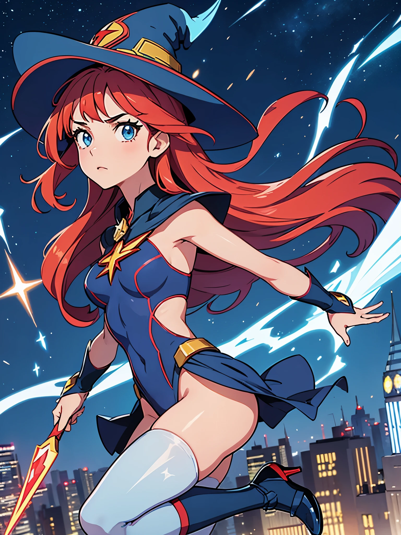 1girl, superhero, holding wand, witch academia, superhero sorceress witch, glamorous angewoman digimon, sky witch, by Aguri Uchida, maya ali as a lightning mage, leotard, blue leotard with white accent, bare legs, blue thigh-highs, red high heels, witch hat, red hair, long hair, blue eyes, beautiful detailed eyes, beautiful detailed face, cute face, medium breasts, age 16-18, solo, solo focus, wonder, standing, heroic, cityscape, night