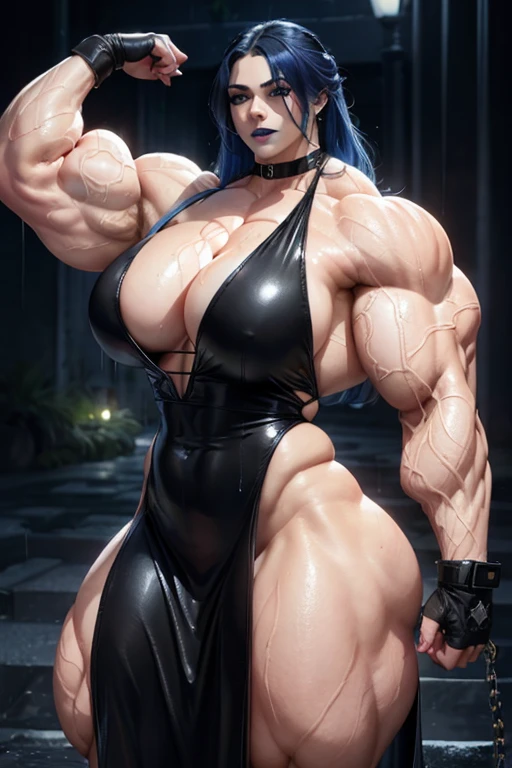 (((((Massive tall, beautiful, buff, wet, pale white skinned muscular woman with wet royal blue hair, black lipstick, ginormous bulky muscles, and wearing a beautiful black leather maxi dress))))), (close shot), massive muscle, massive biceps, hyper muscle shoulders, massive muscle arms, vascular shoulders, hyper muscle triceps, (long wavy curly hair), white eyes, choker, (long fingerless gloves), (chain belt), black boots, (in a rainy pitch black alley), confidant smile, night, hyper vascular arm, hyper muscles arms, hyper muscle legs, (massive arms).