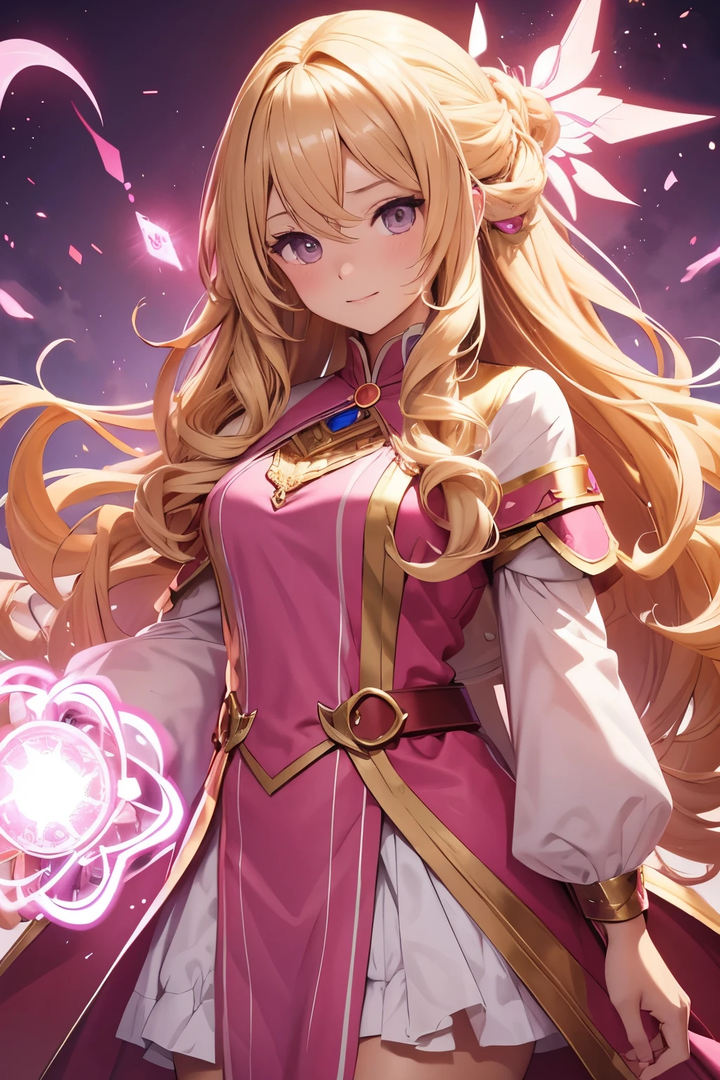 Blonde girl with curly long hair and brown eyes wearing a beautiful pink mage outfit. She has pink light powers