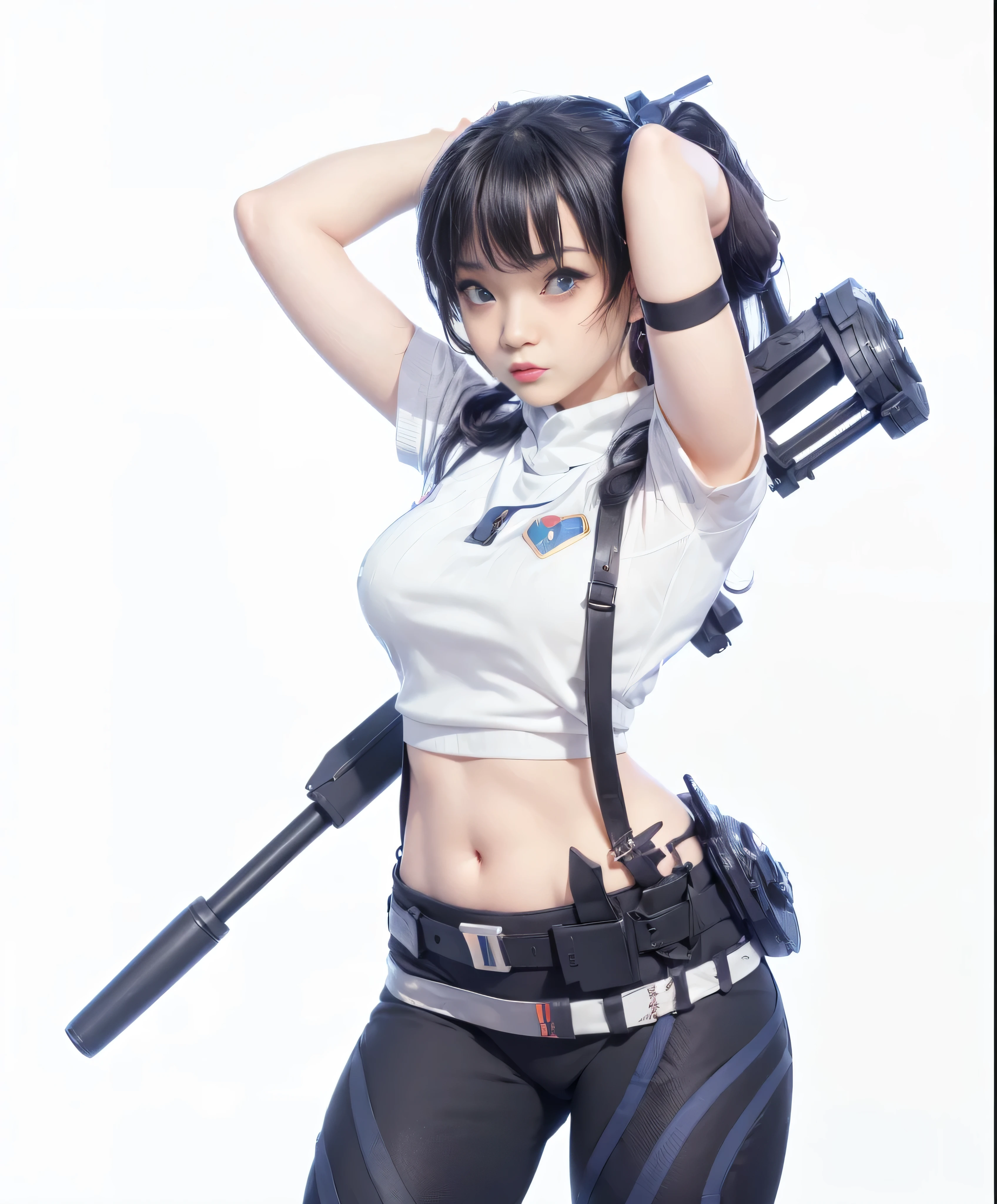 anime - style woman in white shirt and black pants holding a gun, inspired by Leng Mei, render of a cute 3d anime girl, trending on cgstation, photorealistic anime girl render, anime styled 3d, echo from overwatch, as overwatch character, render of april, range murata and artgerm, android heroine, mechanized soldier girl