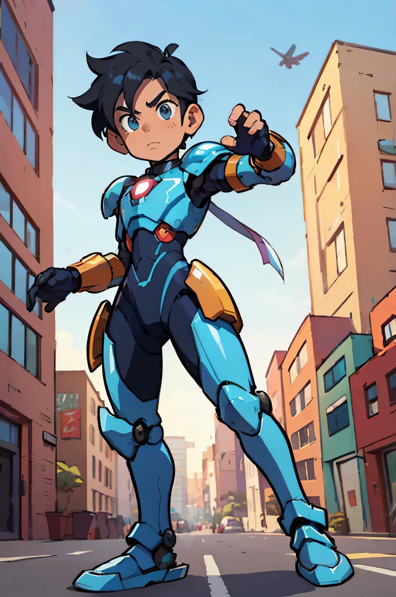 Imagem detalhada de desenho animado de um jovem em um armadura azul e dourado, boy with mecha cybernetic armor, garoto de armadura, nanoboy, hero 2d fanart artsation, cyber fighting armor, megaman, epic comic book style, ciborgue, garoto de anime do futuro, linda garoto ciborgue, cyber suit, terno mecha, android hero