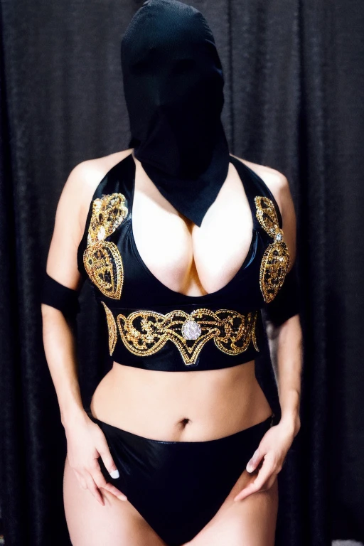 woman in a black outfit and a black mask, cinematic goddess body shot, thicc, thick armor, samira from league of legends, flowing robes and leather armor, close up half body shot, ornate cosplay, stunning armor, ornate bikini armor, photogenic details on armor, inspired by Kanō Hōgai, bikini armour, kitsune inspired armor