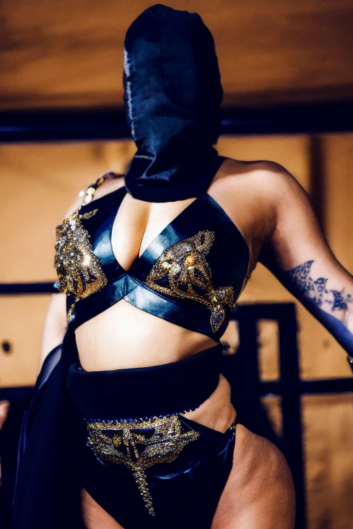 woman in a black outfit and a black mask, cinematic goddess body shot, thicc, thick armor, samira from league of legends, flowing robes and leather armor, close up half body shot, ornate cosplay, stunning armor, ornate bikini armor, photogenic details on armor, inspired by Kanō Hōgai, bikini armour, kitsune inspired armor
