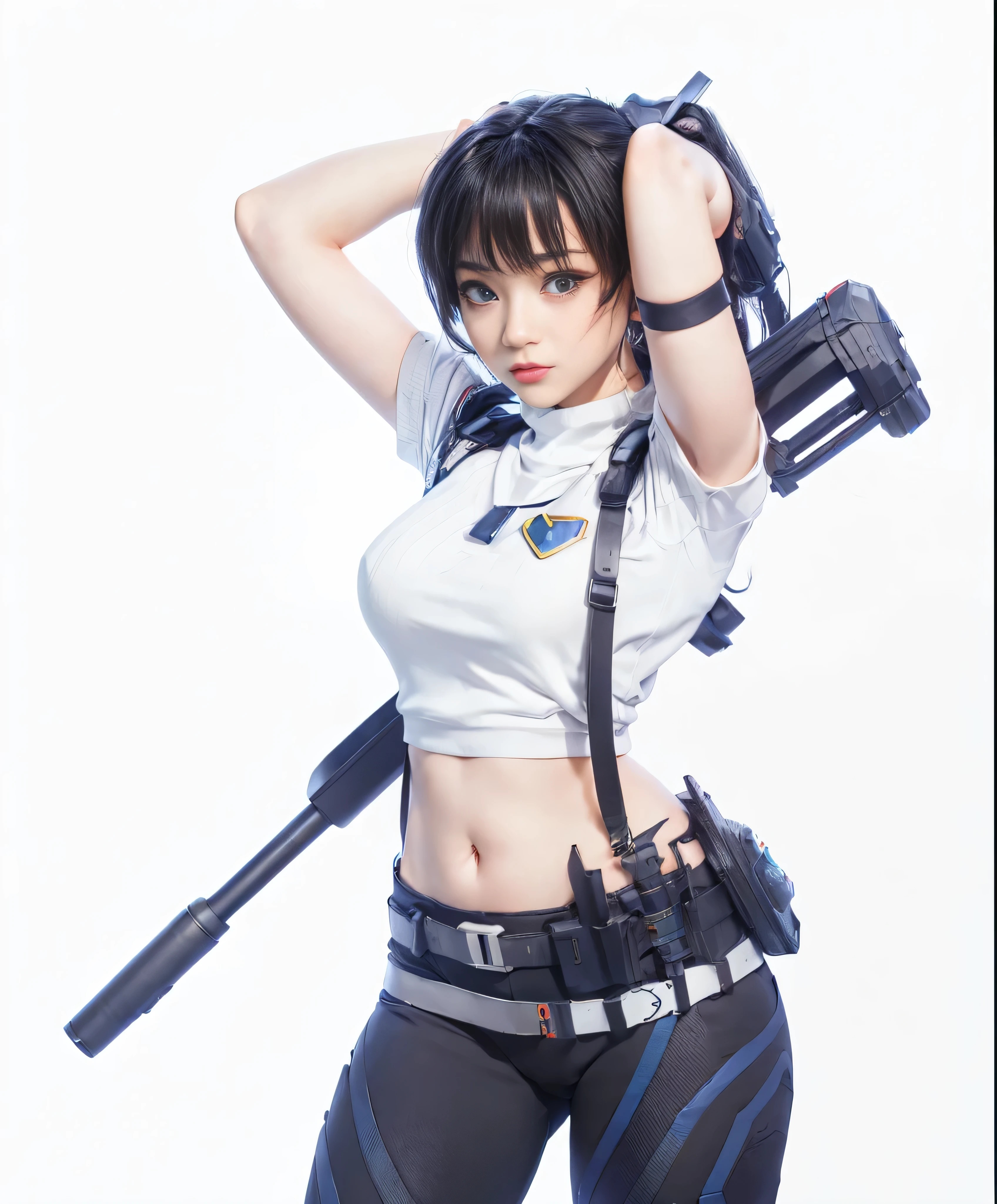 anime - style woman in white shirt and black pants holding a gun, inspired by Leng Mei, render of a cute 3d anime girl, trending on cgstation, photorealistic anime girl render, anime styled 3d, echo from overwatch, as overwatch character, render of april, range murata and artgerm, android heroine, mechanized soldier girl