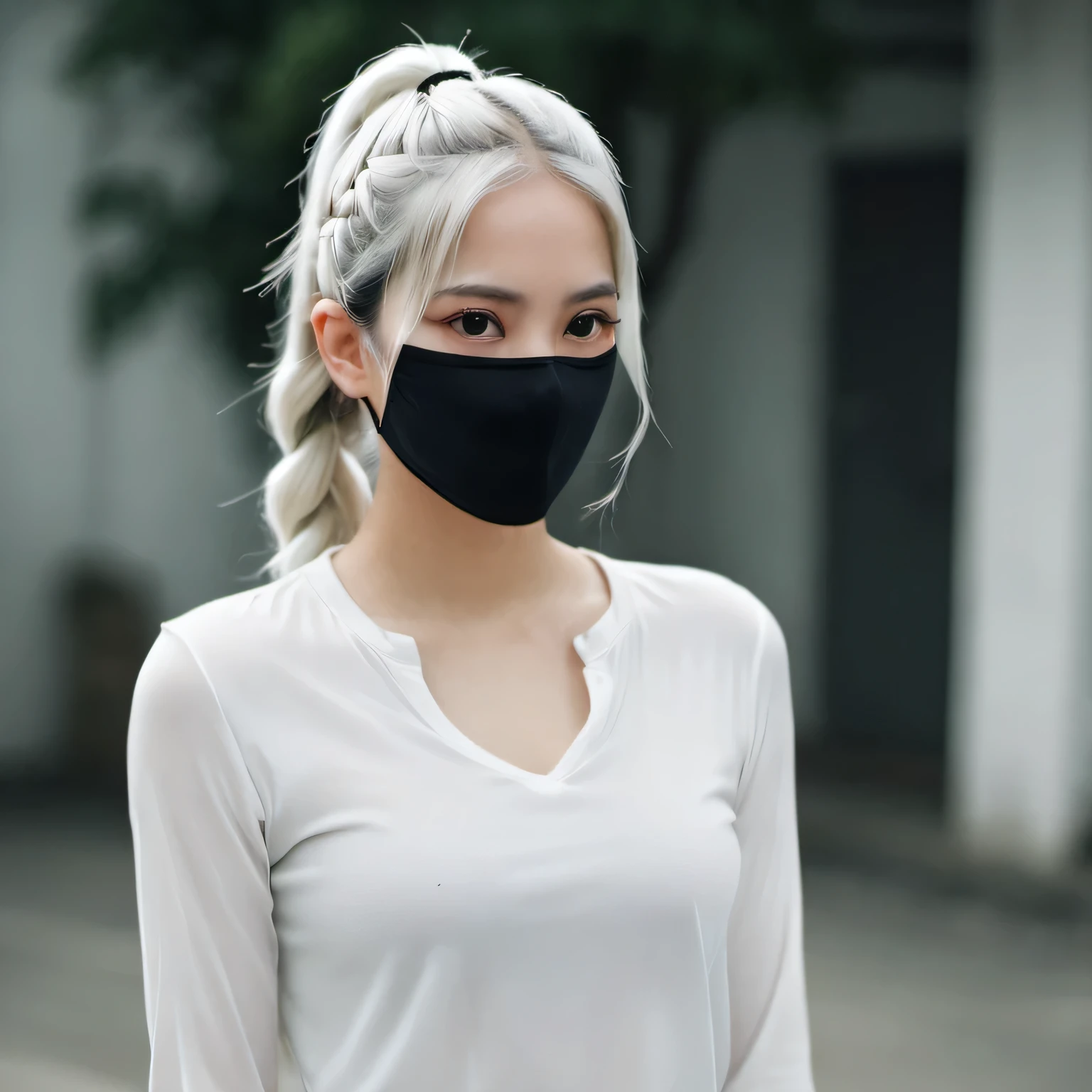 Woman with long white hair braided at the roots with a ponytail wearing a white blouse and white tights holding a revolver serious face black headband covering her eyes and black mask.
Escrito o nome zulema