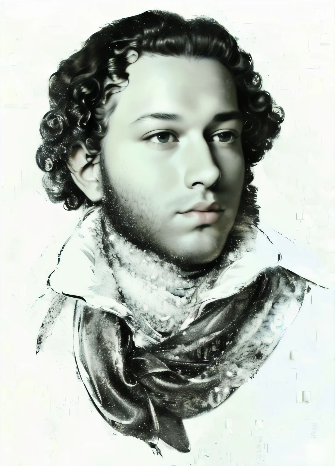 portrait of a man with a scarf, portrait of Alexander Pushkin, african facials features, wide face, ((fat lips)), big eyes, (((curly hair))), ((sideburns)), (((Masterpiece))), black and white pencil drowning, best quality, artgerm, trending on artstation, official art, unity 8k wallpaper, HDR, 4k, 8k, HD,
