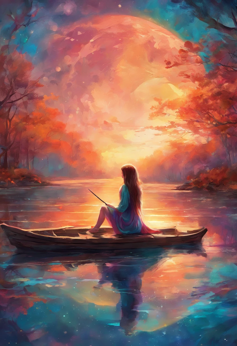 Partial front view of close-up scene scaled in high relief; details in 8k; precision in details; alcohol-based ink, vibrant colors, perspective view, centered, lines in perspective; Wood splash; high contrast of gloomy colors; The main theme of the image is a young girl getting her nails done sitting in a chair by a lake, looking at the horizon; bright and clear colors; This breathtaking scene is captured in a realistic and exquisitely detailed image, where each brushstroke captures the dynamic energy and otherworldly beauty, pastel illustration, professional illustrator, gothic style, ink and watercolor paintings, a backdrop of glowing nebulae. The richness of colors and depth of detail immerse viewers in a mesmerizing spectacle that transcends the limits of reality.