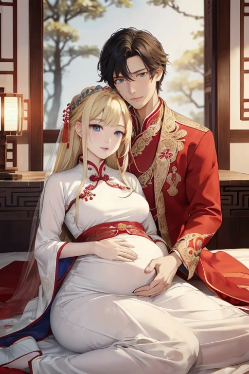 ((highest quality)), ((masterpiece)), (be familiar with), perfect face、perfect proportions
((Blonde wife、Blue-eyed wife、semi-long、古代中国Imperial Princess、Ancient Chinese wedding dress、luxury jewelry、Engagement Rings、My wife is wearing a gorgeous red dress、Imperial Princess、pregnancy))
Bedroom、Stay close to your husband、Husband Black Hair、My husband is中国people、My husband is始皇帝、in bed２people、ancient chinese costume、My husband is古代中国皇帝、kisy husband is８０age、hug each other