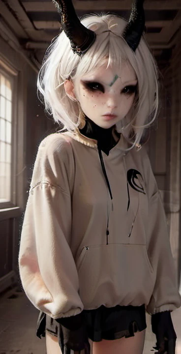 (Mejor calidad,high resolution,obra maestra, vista de cuerpo completo:1.2),ultra detallado,mujer demonio con cuernos,vestida con sudadera con capucha negra y bragas blancas,enfermizo,standing in a horror sci-fi environment,horror sci-fi aesthetic,gloomy ecstasy,fetiche,dark and gloomy atmosphere,textura arenosa,ambiente retro,realidad deformada,melancholic expression on his face,aura misteriosa,foggy atmosphere,fondo brumoso,Paleta de colores sutil,pose provocativa,Emociones fuertes,Coming out of the depths of despair,mirada penetrante,sombras intensas,Sumergido en la oscuridad,dark industrial aesthetic,ambiente siniestro,Un sentimiento sobrenatural,Loss of place in time and space,Silencio inquietante.asymmetrical bangs, pecas, pelo corto blanco, Golpes, pecas, ojos grises,