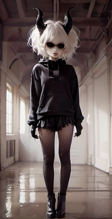 (Mejor calidad,high resolution,obra maestra, vista de cuerpo completo:1.2),ultra detallado,mujer demonio con cuernos,vestida con sudadera con capucha negra y bragas blancas,enfermizo,standing in a horror sci-fi environment,horror sci-fi aesthetic,gloomy ecstasy,fetiche,dark and gloomy atmosphere,textura arenosa,ambiente retro,realidad deformada,melancholic expression on his face,aura misteriosa,foggy atmosphere,fondo brumoso,Paleta de colores sutil,pose provocativa,Emociones fuertes,Coming out of the depths of despair,mirada penetrante,sombras intensas,Sumergido en la oscuridad,dark industrial aesthetic,ambiente siniestro,Un sentimiento sobrenatural,Loss of place in time and space,Silencio inquietante.asymmetrical bangs, pecas, pelo corto blanco, Golpes, pecas, ojos grises,