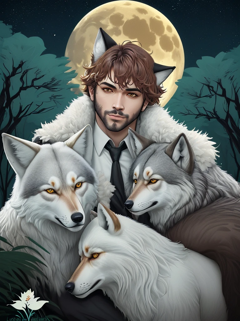 4 homens com orelhas de lobo, Poster, na floresta (detalhado), noite, lua cheia.
