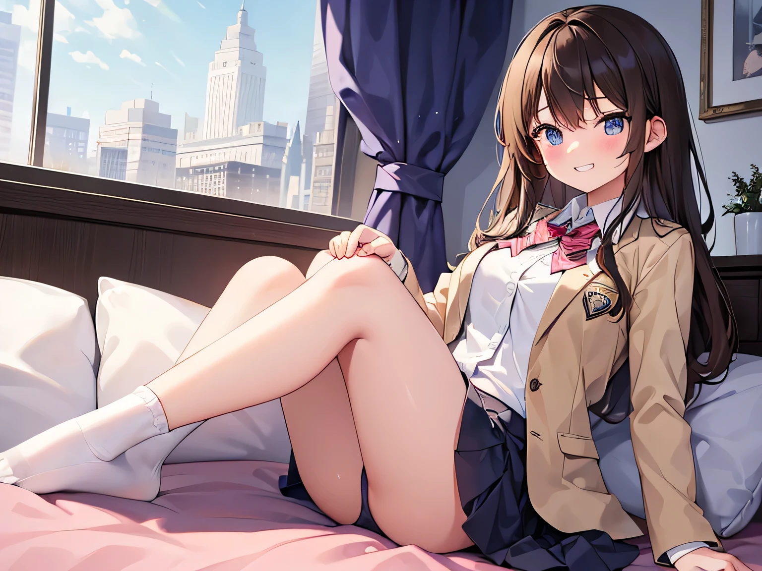 (masterpiece、highest quality、High resolution、realistic pictures、real looking skin:1.1)、
(A high school girl is relaxing in her bedroom:1.8)、
(The skirt is so short that her panties are visible:1.8)、
(she has a grin on her face:1.5)、
(She is wearing a high blazer.:1.5)、
(She is wearing a pleated miniskirt for her high .:1.5)、
(She is wearing loose socks because she is indoors.:1.5)、
(brown semi-long hair:1.5)、
(she is 18 years old:1.5)、
(Location: Apartment bedroom:1.5)、
1 Japanese girl、solo、full body esbian、beautiful eyes、shining eyes、Shining thighs、NSFW