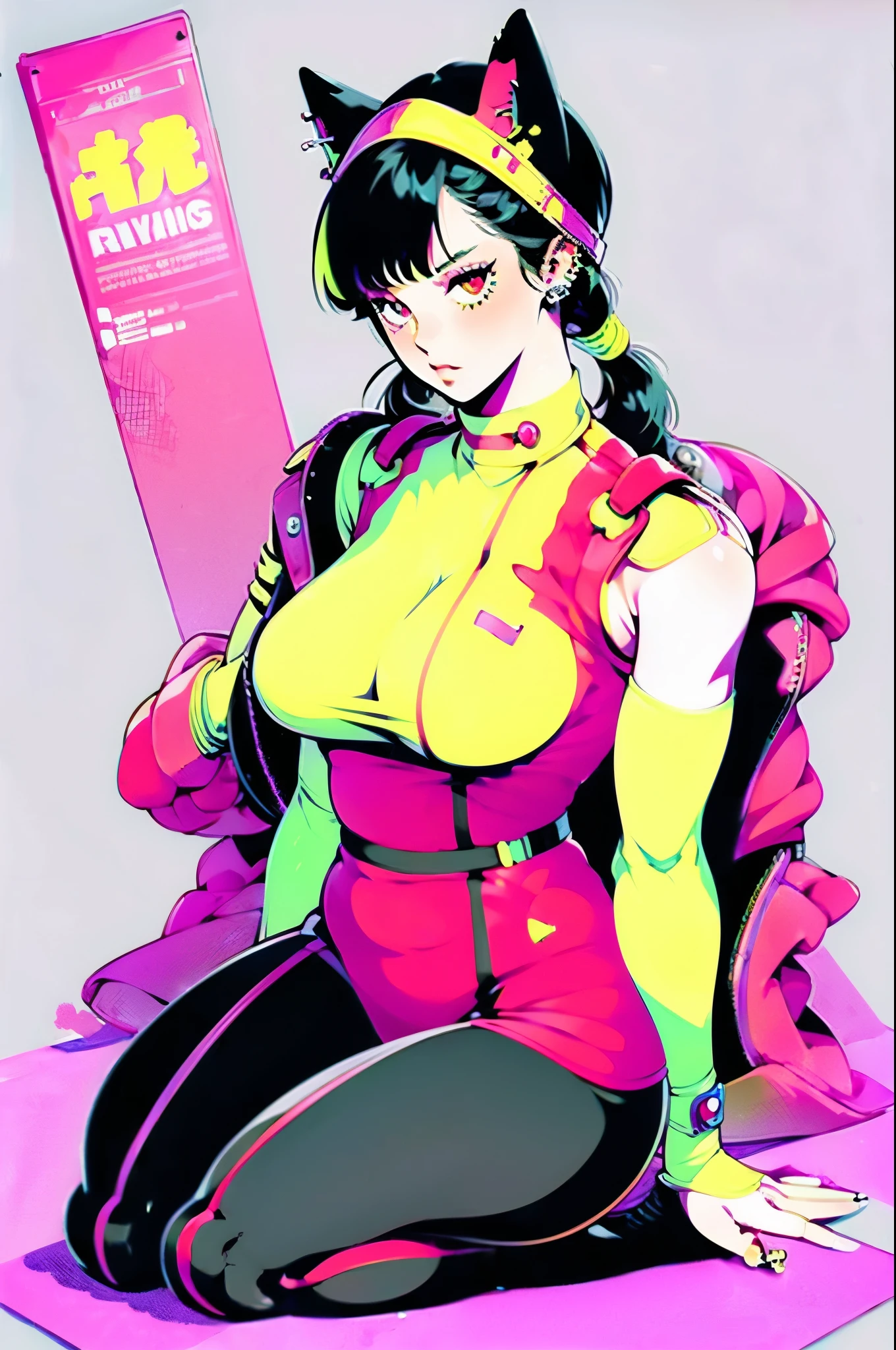 (highest quality,High resolution:1.2),super detailed,(realistic:1.37) (girl), exposed female genitals, anime style, (Fat:1.4) , cyber punk , full body tight suit , (exposed nipples:0.9) , (chest:1.1) , (muscular:1.3) , (abs:1.1) , (thick arms:1.4) , thick thighs , huge hips , exposed female genitals, Ahegao , black glasses , spread your legs , Punk rock emo girl, Neko, wolf girl, long neon  yellow hair in pigtails, tattoo sleeves and piercings, Red eyes, slender, skinny, short,  Harajuku-inspired punk clothes, no twins, one person