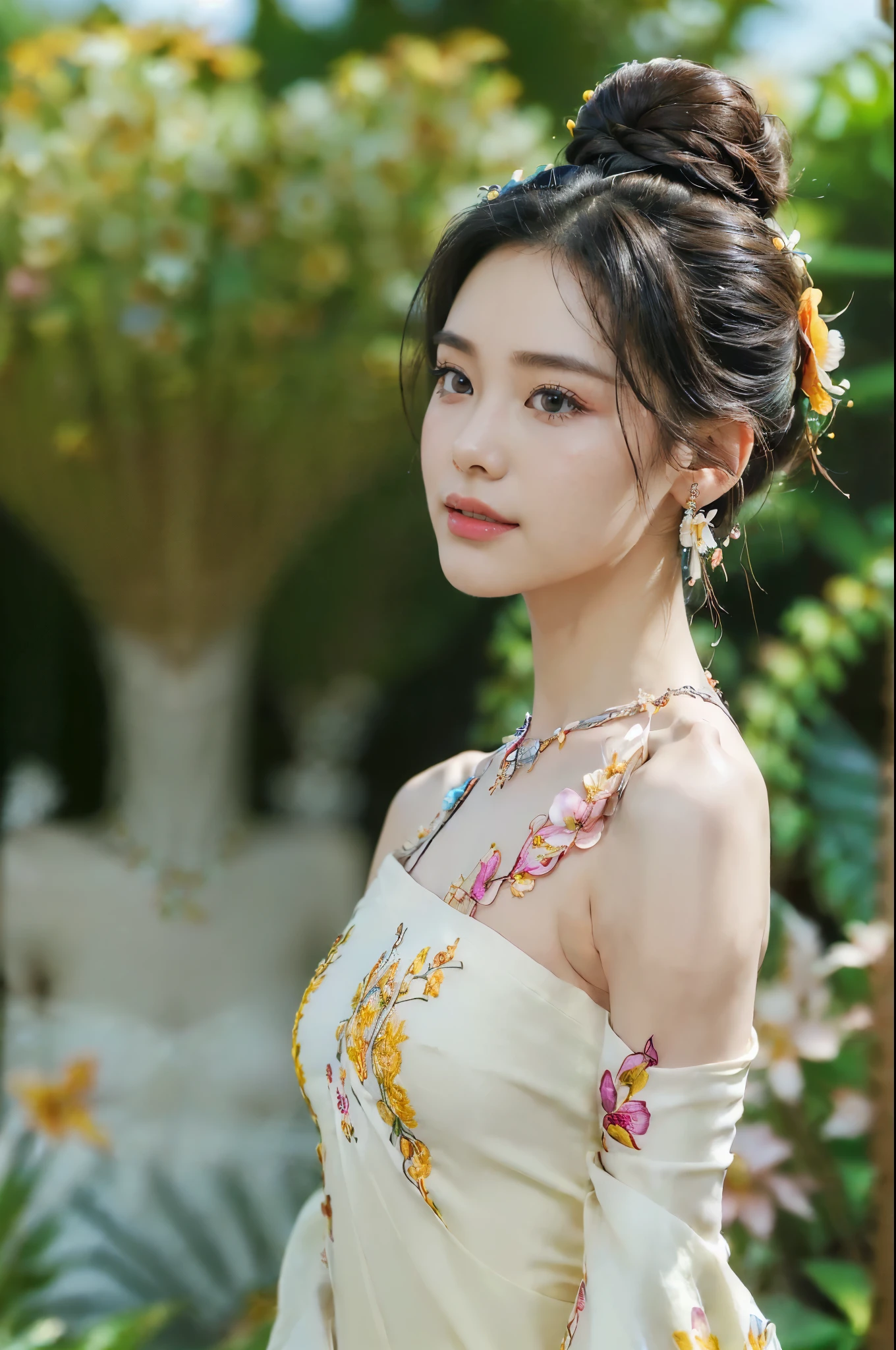  ((((8k))),((Extremely meticulous CG)) ,(wallpaper),16k,((Extremely refined and beautiful)),(((Masterpiece))),(((best qualtiy))),(((Ultra High Resolution))),beautiful light up,Perfect lightning,realistic shaded,((high resolution)),(Smooth and flawless skin:1.5),(Extremely exquisite facial details:1.2),(perfect body:1.2),(ultra-detailed),((A beautiful Cambodian girl,solo)),(small head:1.2),(pale skin:1.3),(bun hair:1.2),(earrings:1.2),(small face:1.2),(Exquisite makeup:1.2),((slim,thin)),(laughing:1.2),(happy:1.2),(crystal necklace:1.2),(small breasts:1.2),(flat chests:1.2),(maxi Gorgeous exquisitely floral embroidered one-shoulder Sampot:1.5),(day scene:1.3),(In a tropical garden full of rumdul:1.5),(outdoor:1.3),(detailed background:1.5),(standing:1.3),(upper body:1.3),(from back:1.3),(bare back:1.2)