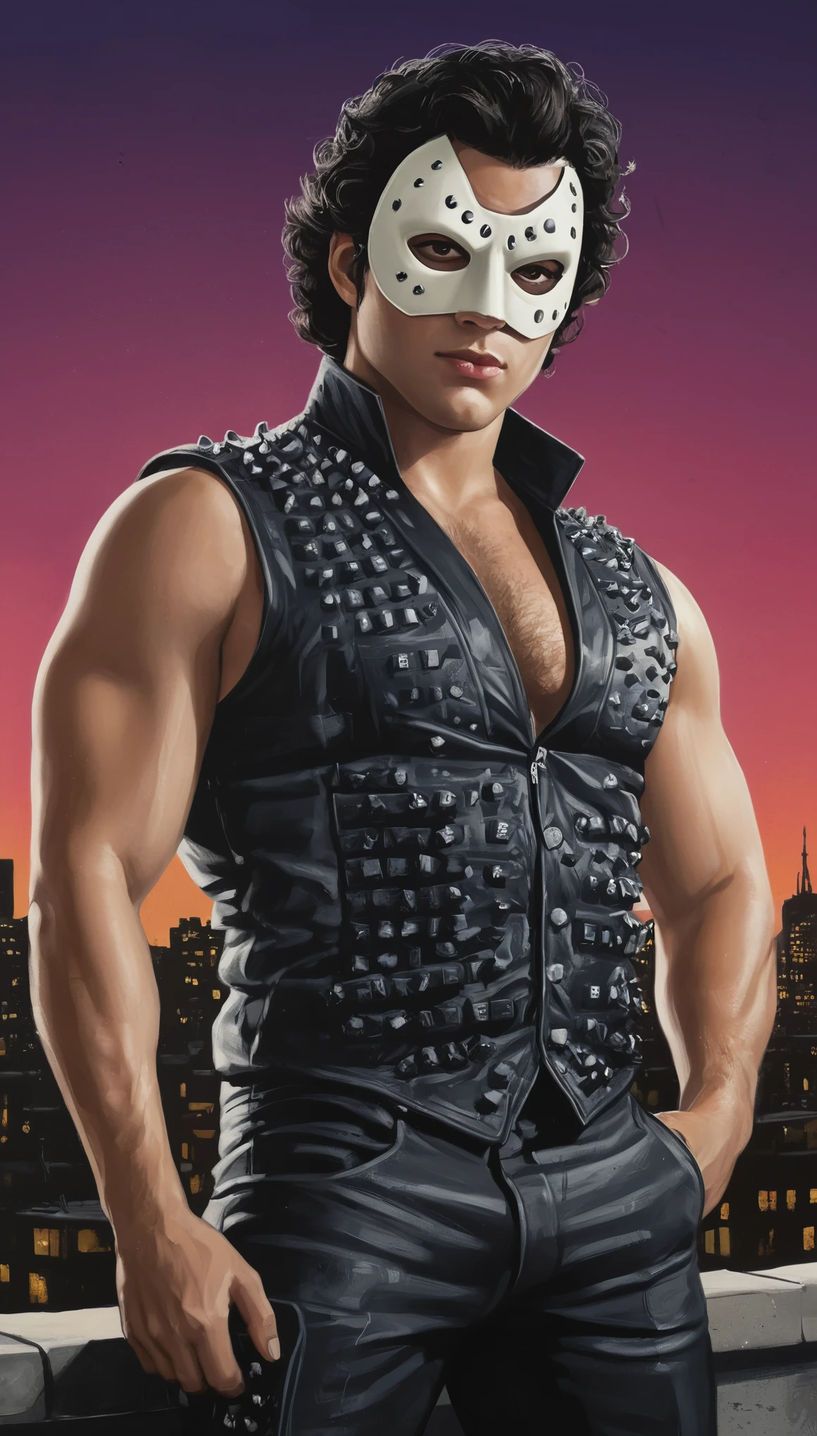 An illustrated movie poster, hand-drawn, full color, a supervillain, 28 years-old, wearing a studded vest and a domino mask, stocky, soft doughy physique, deep brown eyes, wide bulbous nose, full lips, black hair, curly hair, thick bushy eyebrows, extremely hairy chest, stomach, and arms, lots of body hair, posing on a neon-lit rooftop, hard shadows, graphite shading, stencil markings, airbrushed acrylic paint, masterpiece