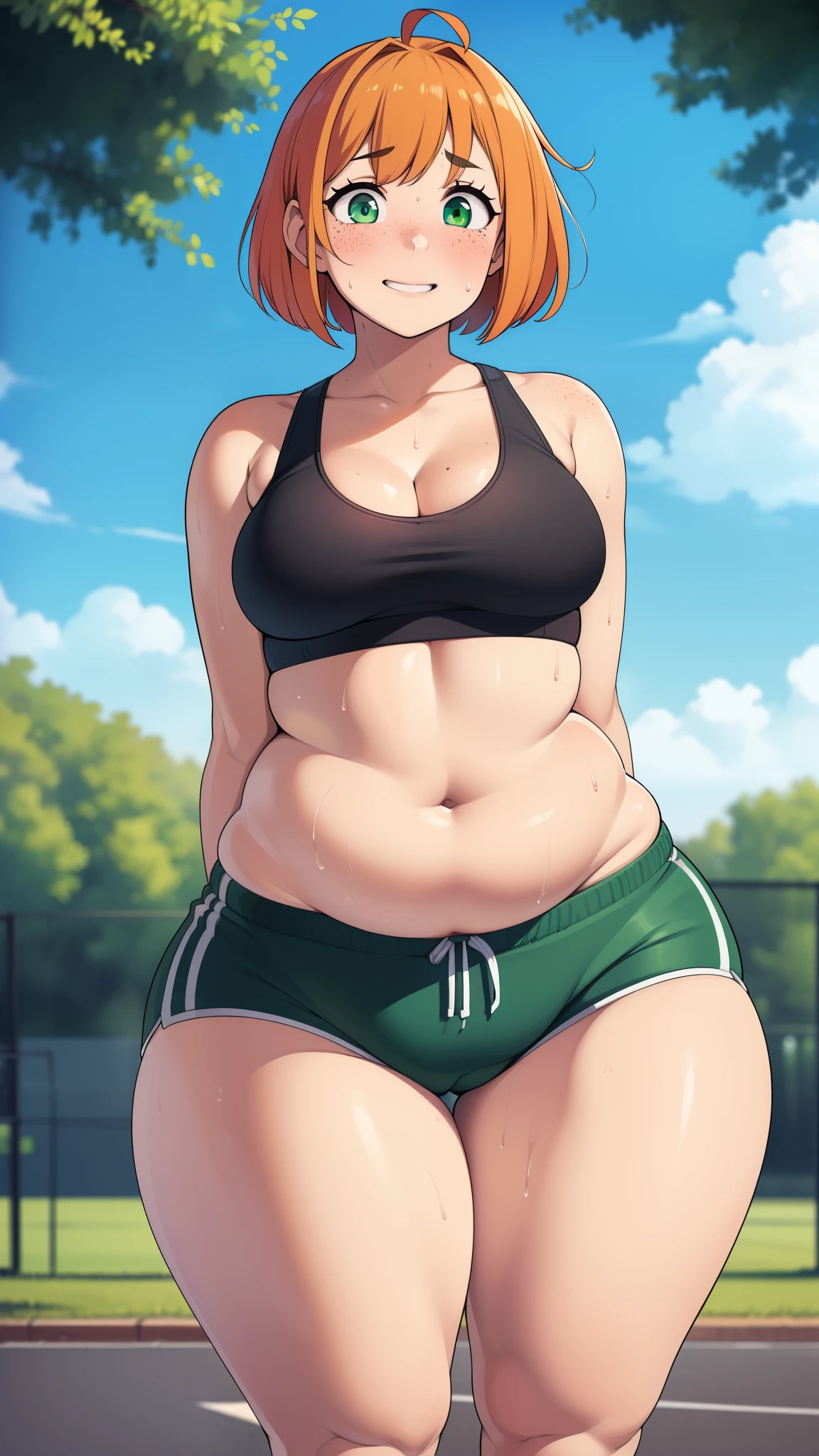 ((highres)), Masterpiece, high quality, best quality, beautiful, perfect lighting, detailed face, ultra cute face, ((1girl)), ((solo), short fluffy orange hair, green eyes, freckles, sweat, ((blush)), embarrassed smile, looking at viewer, arms behind back, standing in a park, (park), daytime, sports bra, gym shorts, (((thick thighs))), ((wide hips)), cleavage, (medium breasts), (chubby), 20 year old female,