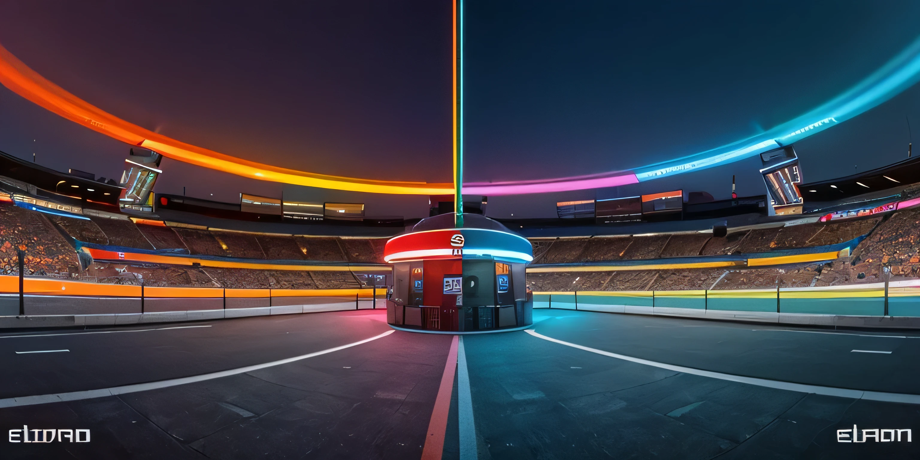 Tourist attraction eletronic, with colorful colors, in a clean space like a square, 360° panorama image, the edges must fit like a 360° image looper