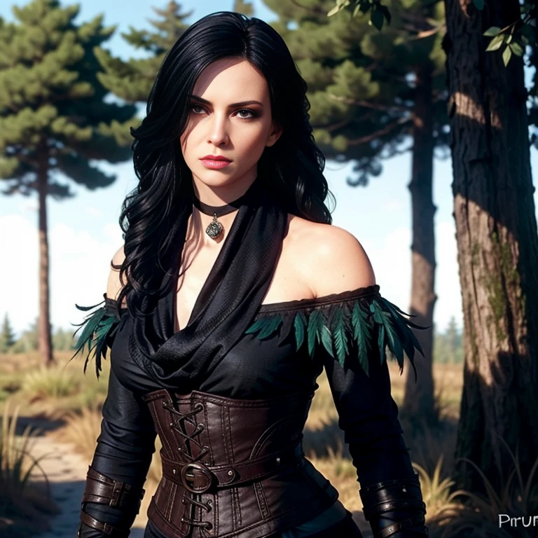 Yennefer, in forest, long hair, black hair, purple eyes, scarf, black dress, bare shoulders, feathers, thighhighs, gloves, boots, choker, corset, elbow gloves, (intricate details), perfect eyes, pruple eyes, perfect face, perfect lighting, beautiful, (masterpiece:1.2), (best quality:1.2)