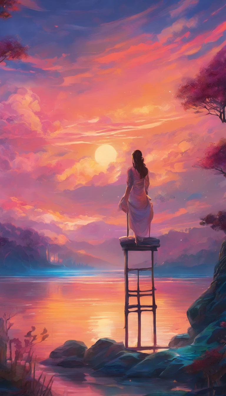 Partial front view of close-up scene scaled in high relief; details in 8k; precision in details; alcohol-based ink, vibrant colors, perspective view, centered, lines in perspective; Wood splash; high contrast of gloomy colors; The main theme of the image is a young girl getting her nails done sitting in a chair by a lake, looking at the horizon; bright and clear colors; This breathtaking scene is captured in a realistic and exquisitely detailed image, where each brushstroke captures the dynamic energy and otherworldly beauty, pastel illustration, professional illustrator, gothic style, ink and watercolor paintings, a backdrop of glowing nebulae. The richness of colors and depth of detail immerse viewers in a mesmerizing spectacle that transcends the limits of reality.