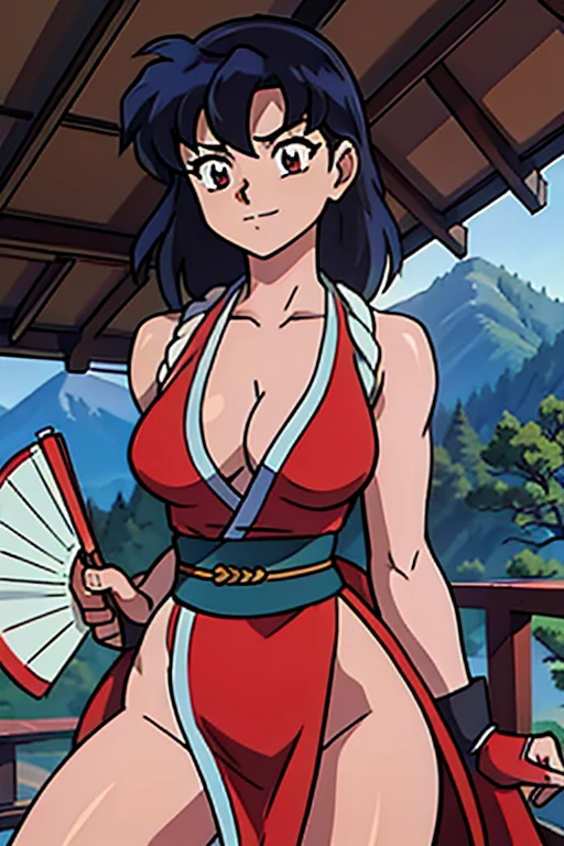 masterpiece, best quality, Kagome Higurashi, 25 years old, matured face, beautiful detailed eyes, ultra detailed eyes, extremely detailed face, large breasts, cleavage, very busty, big hips, She stands tall while wearing a red Kunoichi dress, pelvic curtain, arm guards and gloves. she's looking directly at the camera with an confident smirk. Her gaze is both alluring and fierce, as she holds a red fan with a tight grip. cowboy shot, Perfect Anatomy,(Professional Lighting), 4k textures, raw photo, epic artistic, photoreal art, sharp focus, even lighting, insane details, intricate details, hyperdetailed, rich colors, BREAK Outdoors, temple, Japanese architecture, the view of the mountains