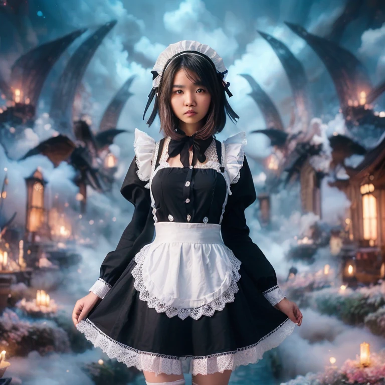 ((ultra highest quality:1.5)) ((photorealistic:1.3)) ((Real like photograph:1.3)) Super detailed. super high quality. ((full-body shoot photography)). ((an Indonesian woman with a round face)), short hair, 20 years old, wearing black maid costume and shoes. standing pose, fantasy background. hyperrealistic photography, RAW, cinematic style, turned to the camera,