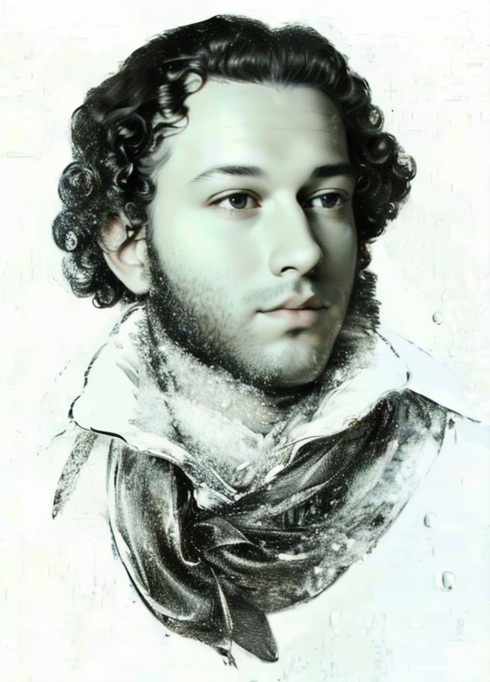 portrait of a man with a scarf, portrait of Alexander Pushkin, 35 yo, african facials features, oval face, ((fat lips)), big eyes, (((curly hair))), ((sideburns)), (((Masterpiece))), black and white pencil drowning, best quality, artgerm, trending on artstation, official art, unity 8k wallpaper, HDR, 4k, 8k, HD,
