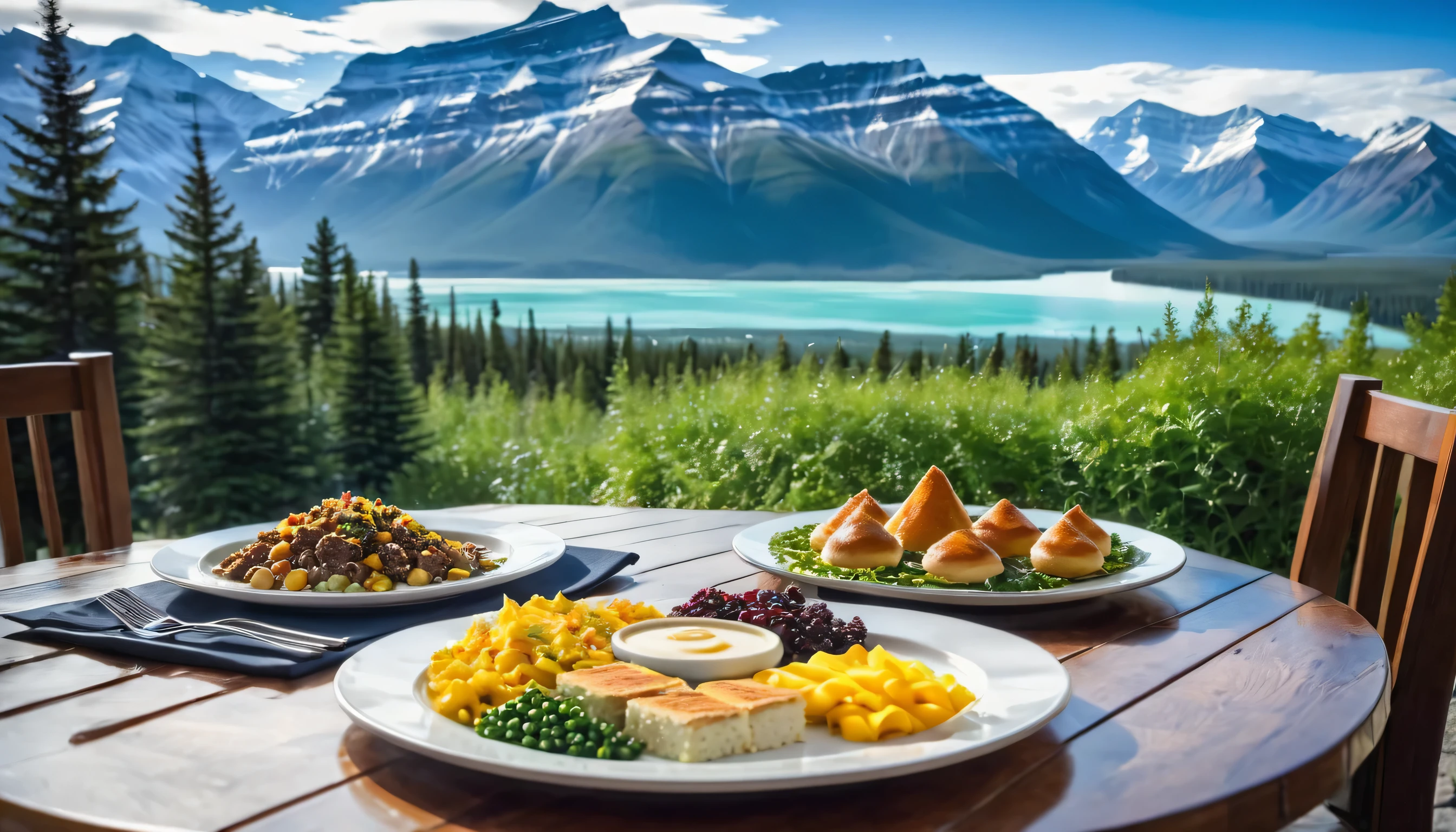 there is a plate of food on a table with a mountain view, professional food photography, high quality food photography, all in the amazing outdoors view, food photography gourmet, scenic mountain setting, masterpiece work of art, professional food photo, banff national park, sharp focus on scenery, f/3.5, high quality photos, fine dining, outdoors setting