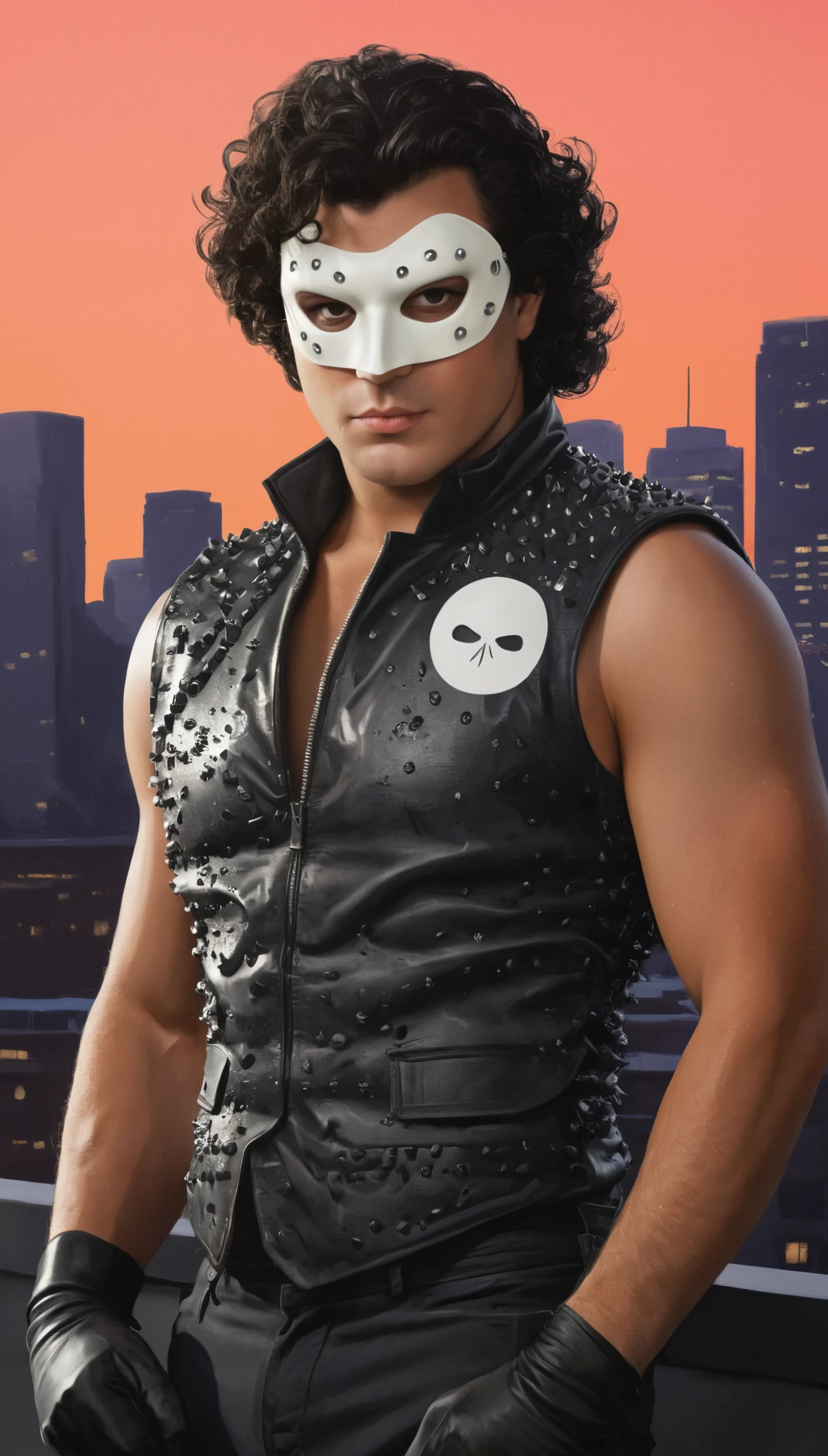 An illustrated movie poster, hand-drawn, full color, a supervillain, 28 years-old, wearing a studded vest and a domino mask, stocky, soft doughy physique, deep brown eyes, wide bulbous nose, full lips, black hair, curly hair, thick bushy eyebrows, extremely hairy chest, stomach, and arms, lots of body hair, posing on a neon-lit rooftop, hard shadows, graphite shading, stencil markings, airbrushed acrylic paint, masterpiece