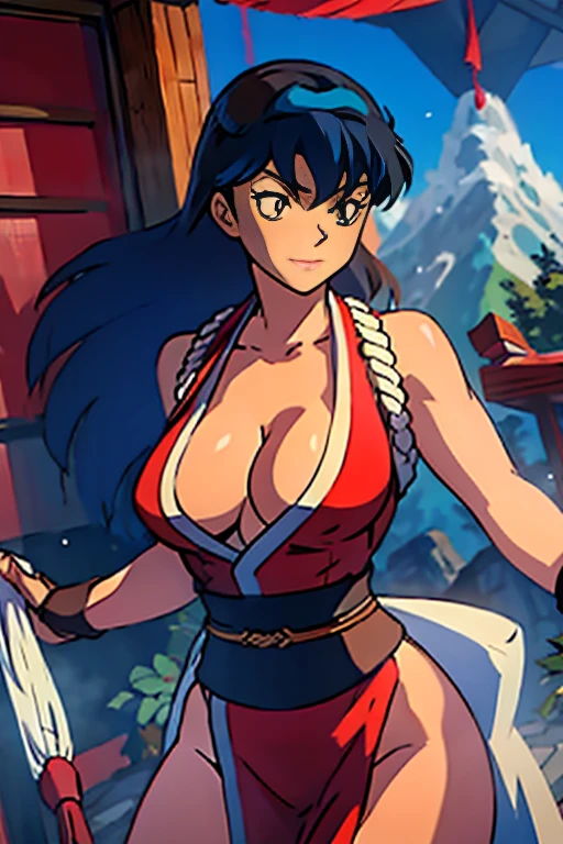masterpiece, best quality, Kagome Higurashi, 25 years old, matured face, beautiful detailed eyes, ultra detailed eyes, extremely detailed face, large breasts, cleavage, very busty, big hips, She stands tall while wearing a red Kunoichi dress, pelvic curtain, arm guards and gloves. she's looking directly at the camera with an confident smirk. Her gaze is both alluring and fierce, as she holds a red fan with a tight grip. cowboy shot, Perfect Anatomy,(Professional Lighting), 4k textures, raw photo, epic artistic, photoreal art, sharp focus, even lighting, insane details, intricate details, hyperdetailed, rich colors, BREAK Outdoors, temple, Japanese architecture, the view of the mountains