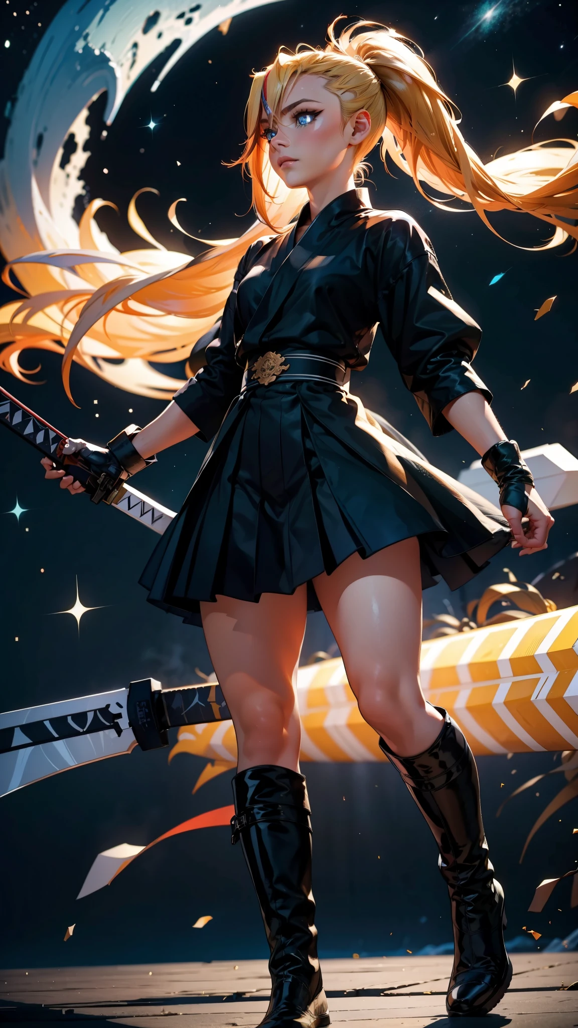 1 girl, ultra long hair, ultra detailed face, glowing lips, glowing blue eyes, very long ponytail, elegant walk, catwalk, holding down a giant katana, blonde, long eyelashes, long boots , looking to the sky, starry sky, a ultra giant katana