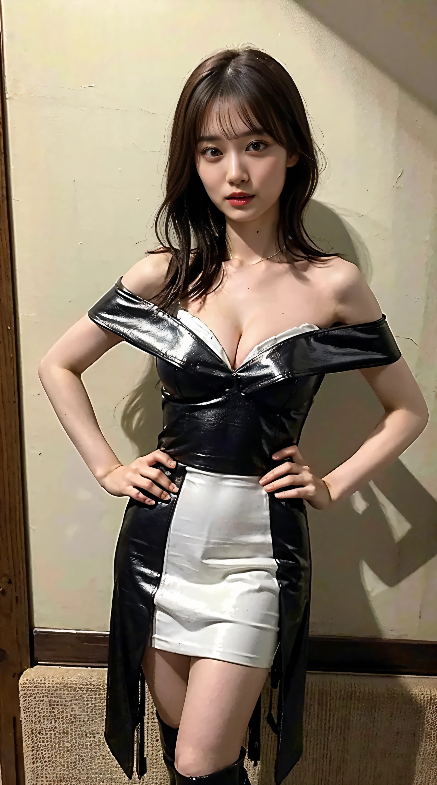 (8K、Raw photo、highest quality、masterpiece:1.2)、(realistic、Photoreal)、1 girl、((off shoulder、one piece、big breasts、boots、Seen from the front、stand with hands on hips、In town))、lots of eyelashes、Glitter on your eyelids、skeletally correct