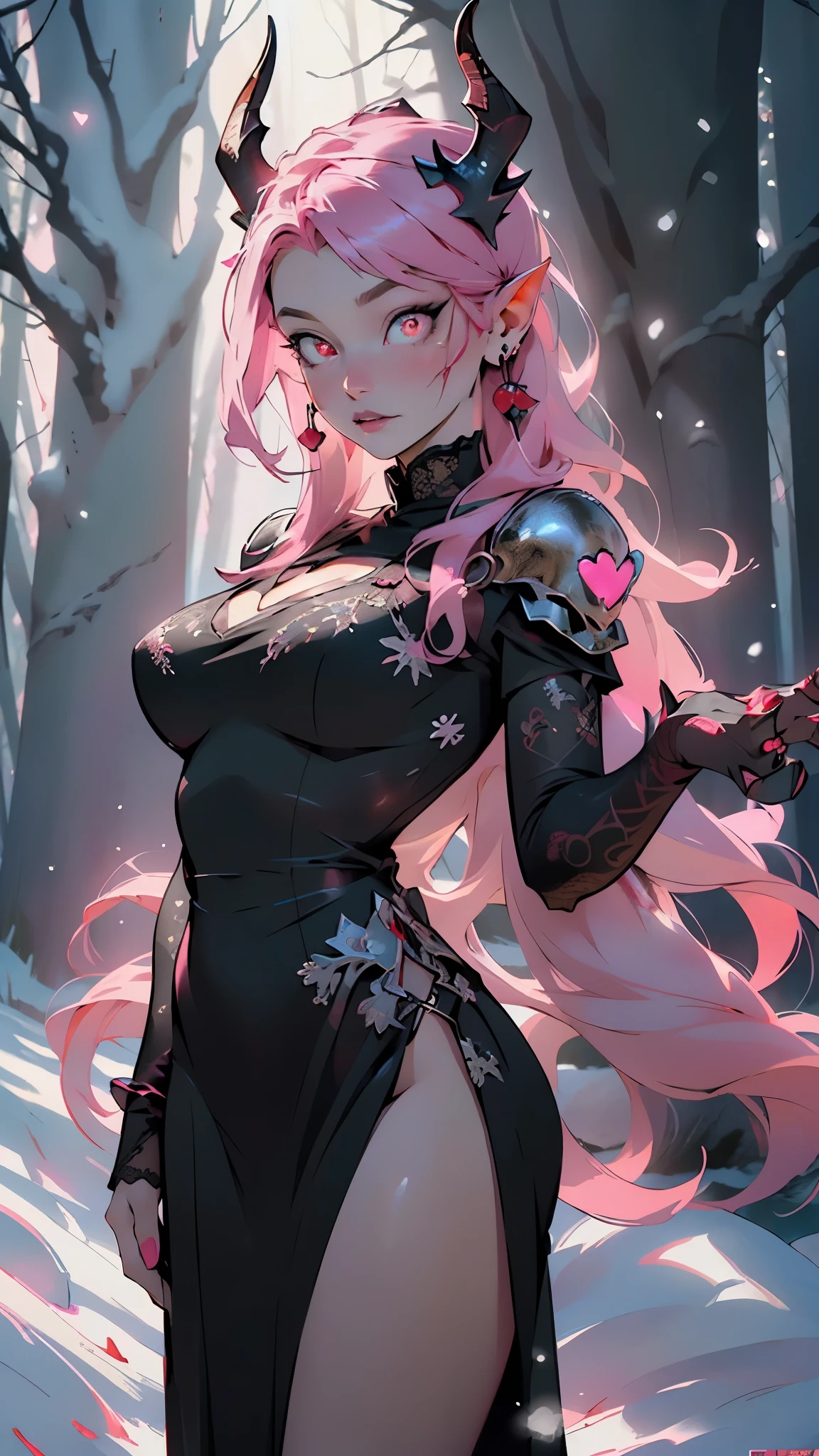 ((demon girl)),rpg,((big claws)),((devil with big horns)), ((wings)),(demon armor),((blood splashes)),skull on the ground,((blood ritual)),elegant regal succubus,((black lipstick, long black hair:1.5, red eyes)), seductive expression,((evil demeanor)),
((heart pupils:1.4, heart,hearts,heart marks)),
((sultry gaze, luxurious black gown)), elaborate headpiece,((ethereal aura, intricate lace details)),
alluring charm, dark seduction, captivating beauty, hypnotic presence, divine sensuality, enchanting temptress, seductive power, mesmerizing allure, forbidden desires, bewitching enchantment, seductive aura, tempting spell, mythical creature, otherworldly beauty, seductive darkness, mesmerizing gaze, supernatural elegance, sensual mystique, intoxicating presence, irresistible grace, magnetic attraction,
((snowy pink cherry forest:1.5,pink theme forest:1.5)),winter,scenery:1.25,((intricate scenery)),((snow forest background)),
(Glossy winter ornaments),highres,sharp focus,(ultra detailed,extremely detailed),(photorealistic artwork:1.37),(extremely detailed CG unity 8k wallpaper),(((vibrant colors,vibrant theme))),(intricate),(masterpiece),(best quality),artistic photography,(photography taken by sldr),(intricate background),perfect rendered face,perfect face details,realistic face,photo realistic,((intricate detail)),(((realism))),