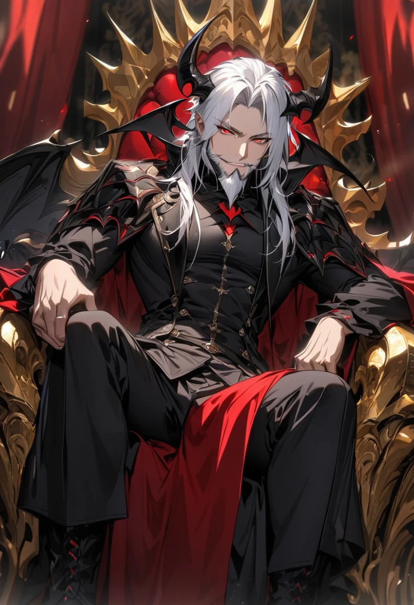 Ultra detailed, highres, absurdres, HDR, Deningrand Kain, white hair, red eyes, white beard, demon king, handsome, black demon clothes, sitting on a golden throne, holding a silver cup, red curtains, 1 man only,