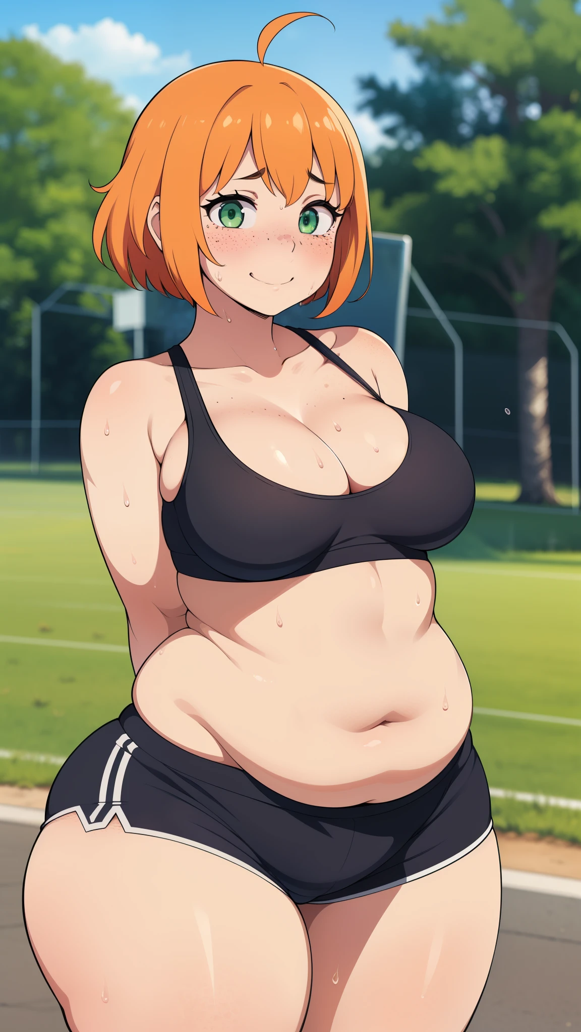 ((highres)), Masterpiece, high quality, best quality, beautiful, perfect lighting, detailed face, ultra cute face, ((1girl)), ((solo), short fluffy orange hair, green eyes, freckles, sweat, ((blush)), embarrassed smile, looking at viewer, arms behind back, standing in a park, (park), daytime, sports bra, gym shorts, (((thick thighs))), ((wide hips)), cleavage, (medium breasts), (chubby), 20 year old female,
