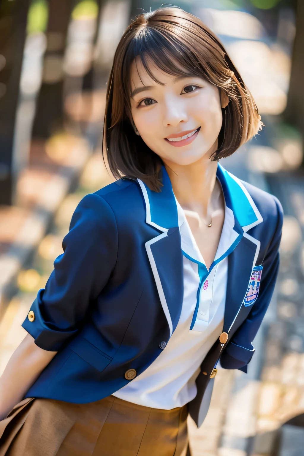 masterpiece, highest quality, Photoreal, Super detailed, finely, High resolution, 8k wallpaper, Professional, Advanced level of detail, ((One high school girl:1.2)), Slender Japanese women,, detailed clavicle, Medium chest、perfect face, (Front facing:1.2)、(Cute short hair:1.5), chestnut hair、(school uniform:1.5)、(navy blue blazer:1.2)、(mini skirt:1.2)、cute face、(looking straight ahead:1.5)、(brown skin:1.5)、full body shot、(Angle from below:1.5)、(cute smile:1.5)、Balanced Professional Portion、